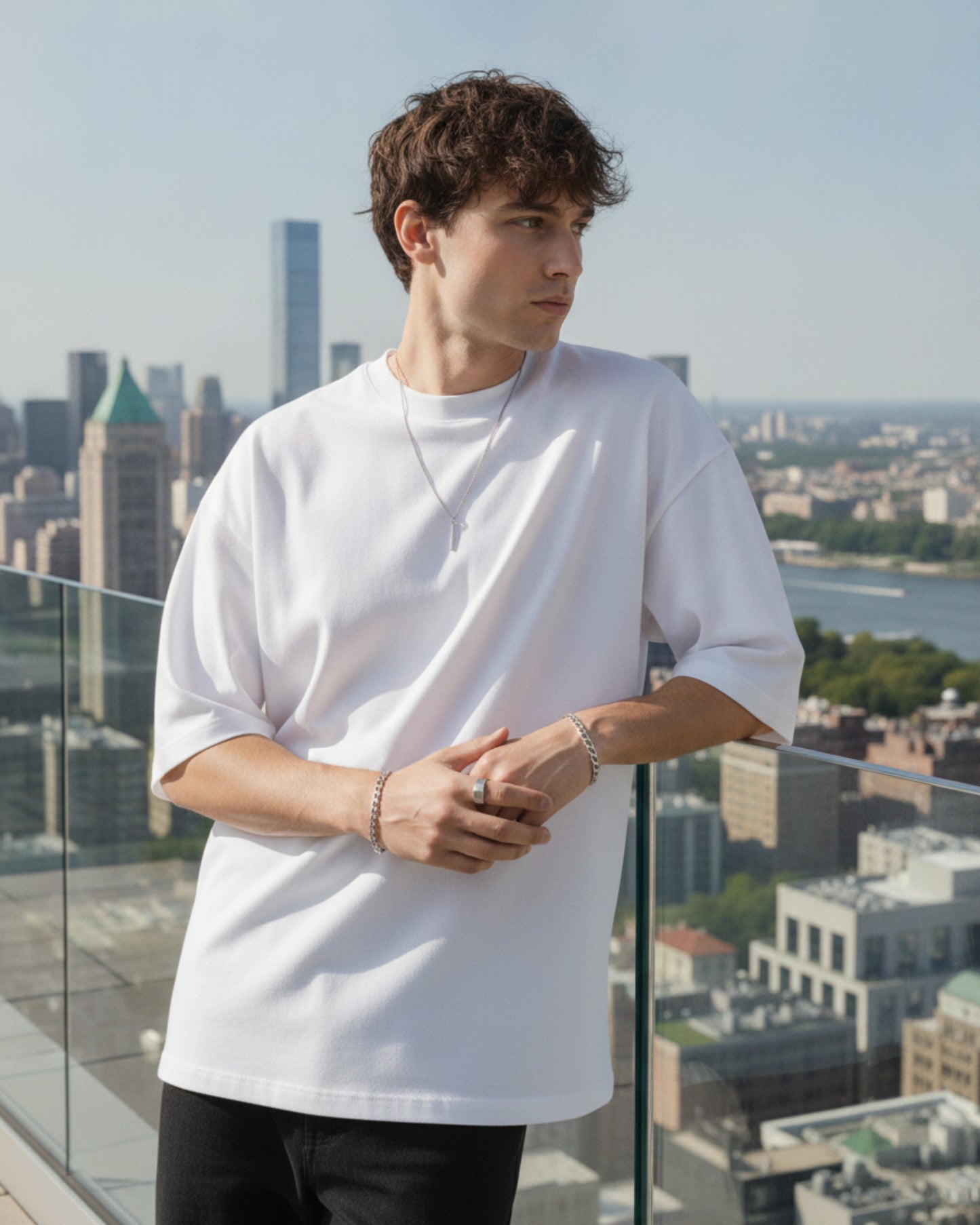 Men's Solid White Cotton  Half Sleeve Crew Neck Oversized T-Shirt