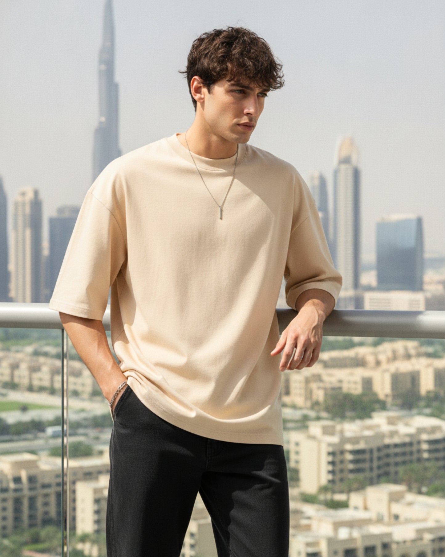 Men's Solid Beige Cotton  Half Sleeve Crew Neck Oversized T-Shirt