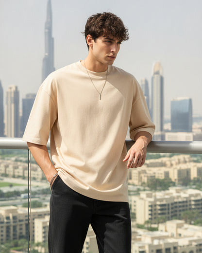 Men's Solid Beige Cotton  Half Sleeve Crew Neck Oversized T-Shirt