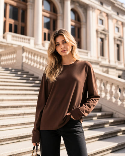 Women's Solid Brown Oversized Long Sleeve Crew Neck Regular T-Shirt