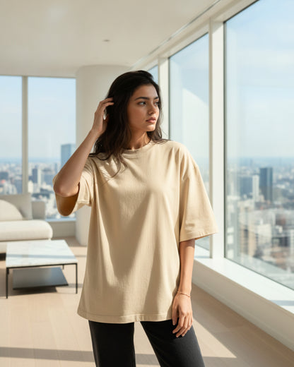 Women Solid Beige Cotton  Half Sleeve Crew Neck Oversized T-Shirt