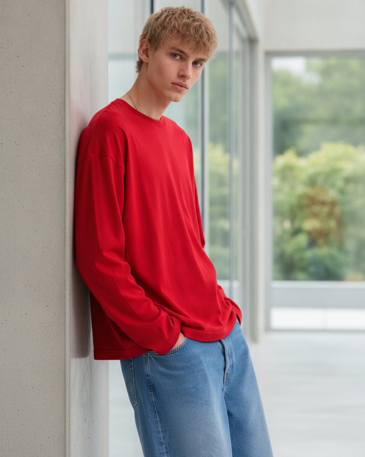 Men's Solid Red Oversized Long Sleeve Crew Neck Regular T-Shirt