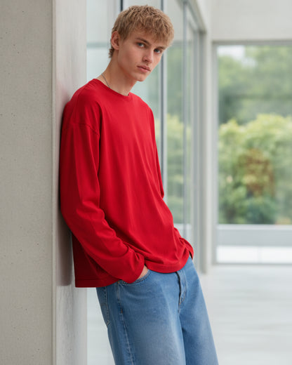 Men's Solid Red Oversized Long Sleeve Crew Neck Regular T-Shirt
