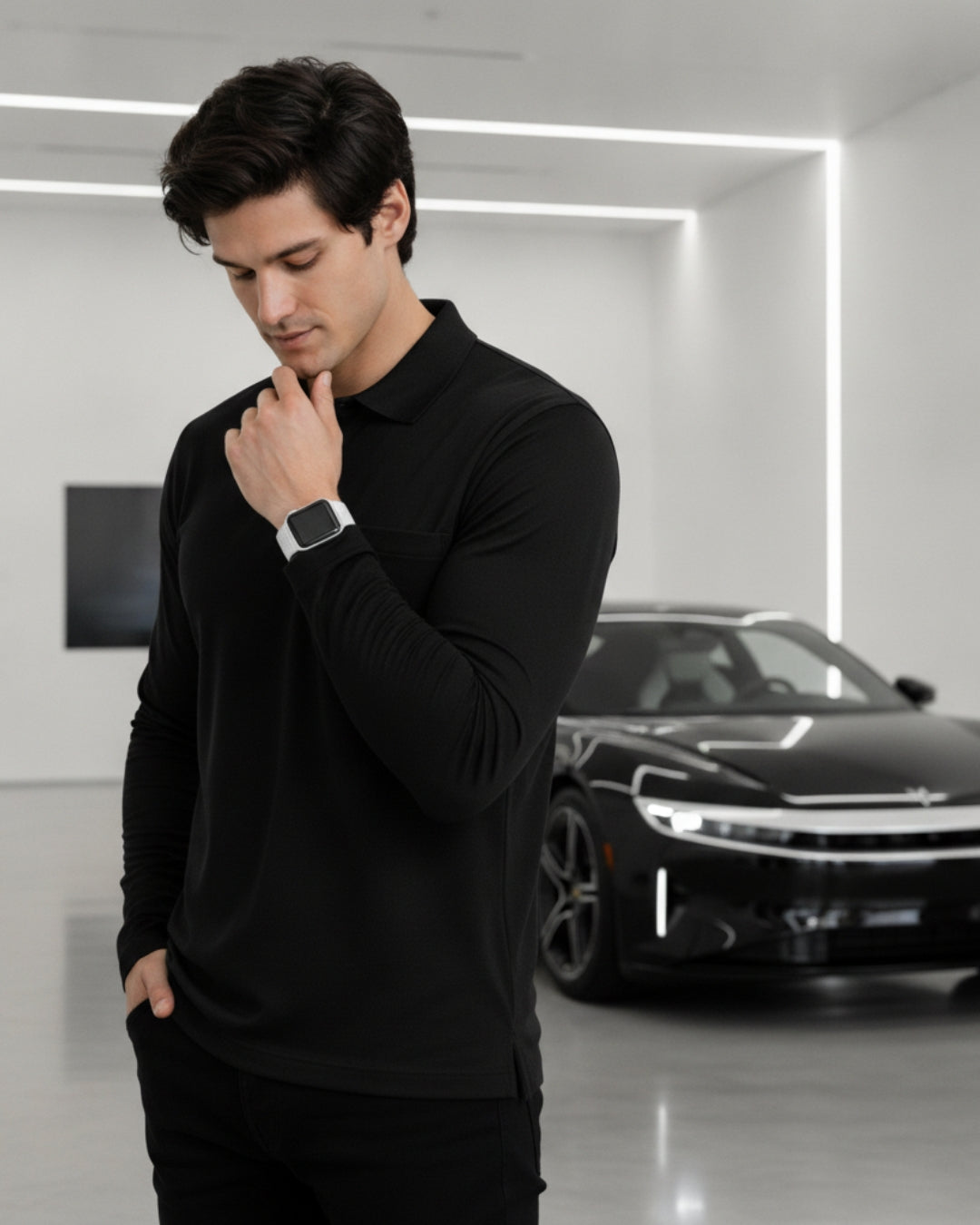 Men's Solid Black Matty Full sleeve Polo Regular T-Shirt
