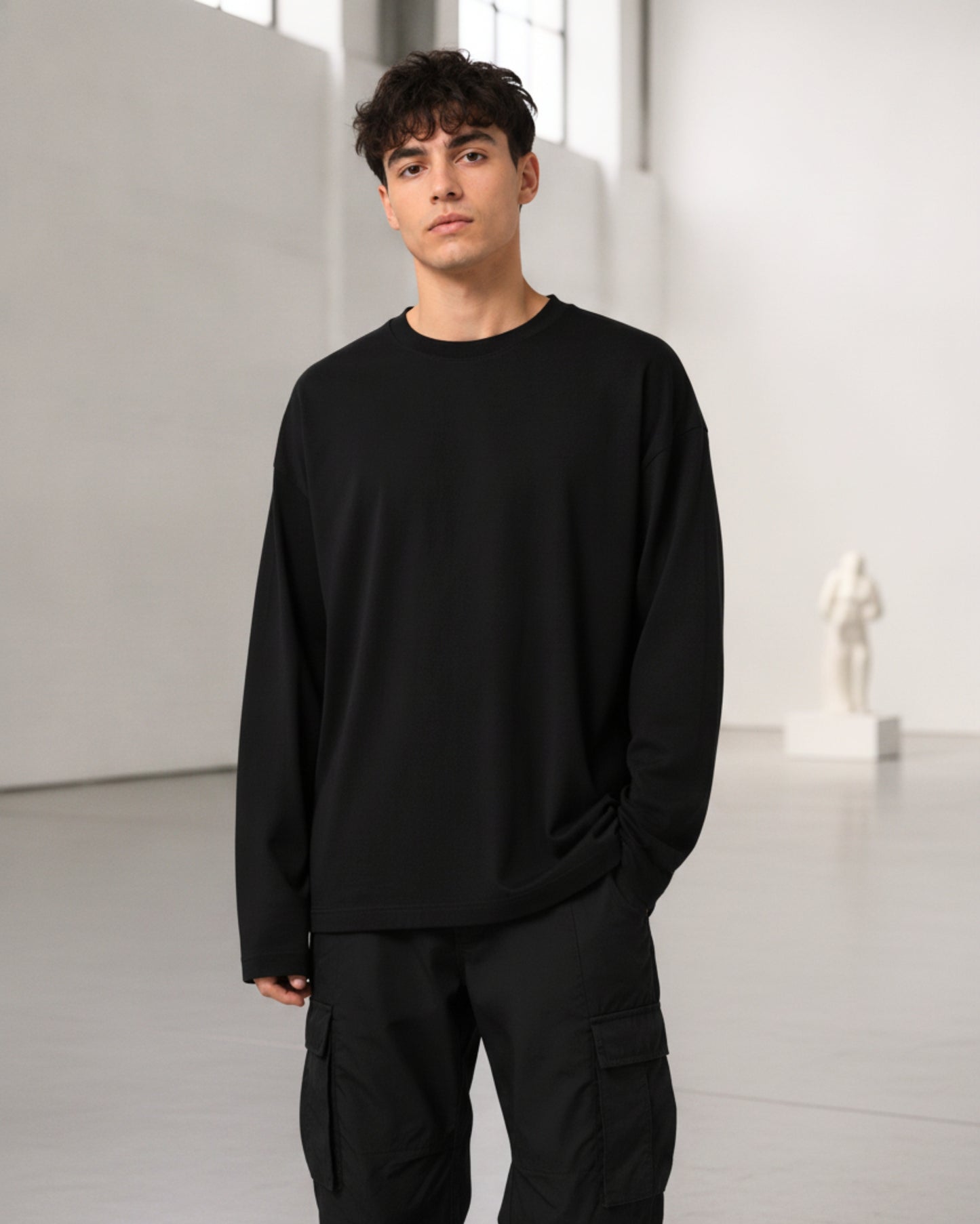 Men's Solid Black Cotton Long Sleeve Crew Neck Oversized T-Shirt