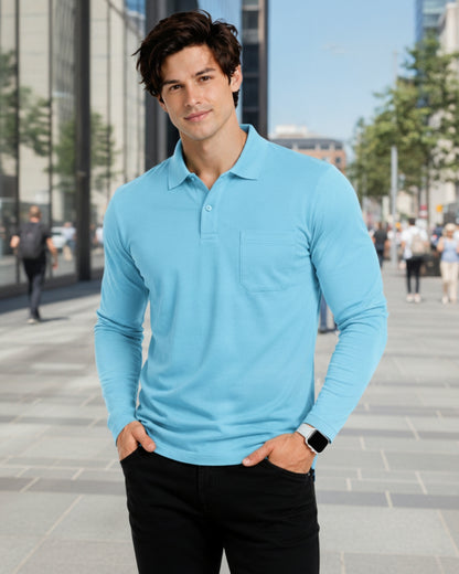Men's Solid Sky Blue Matty Full sleeve  Polo Regular T-Shirt