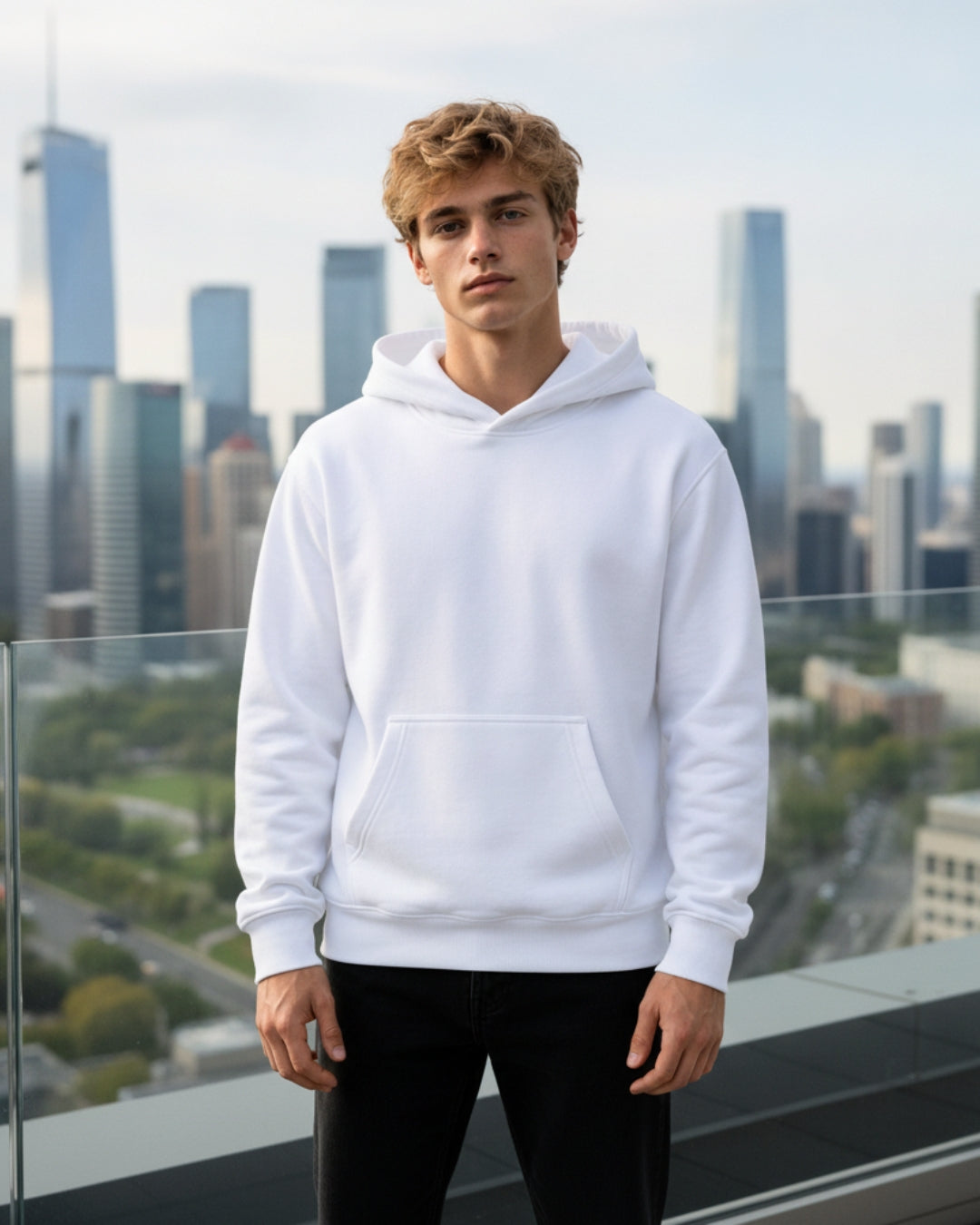 Sman's Solid White Cotton Crew Neck Oversized Printed Hoodie For Men