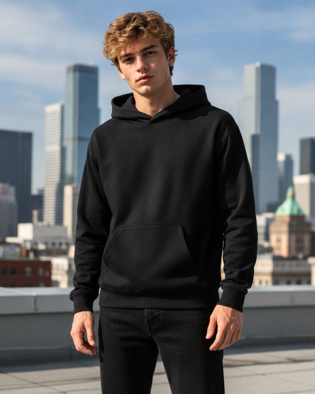 Sman's Solid Black Cotton Crew Neck Oversized Printed Hoodie For Men