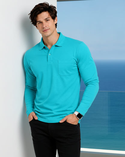 Men's Solid Aqua Matty Full sleeve Polo Regular T-Shirt