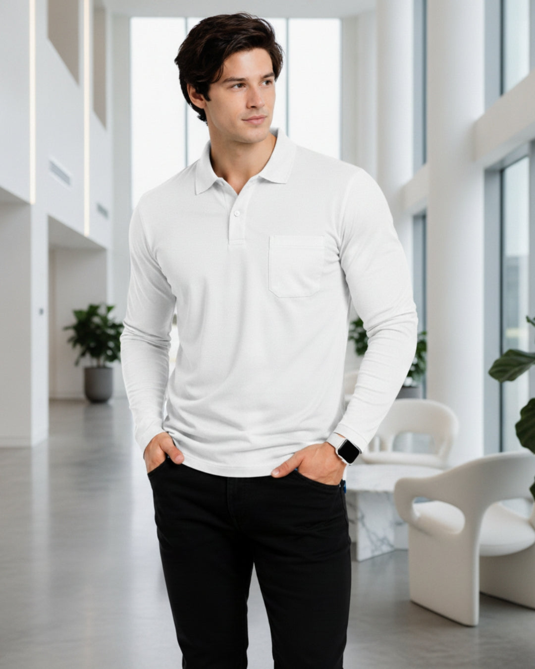 Men's Solid White Matty Full sleeve  Polo Regular T-Shirt