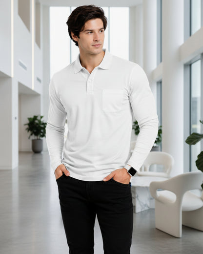 Men's Solid White Matty Full sleeve  Polo Regular T-Shirt