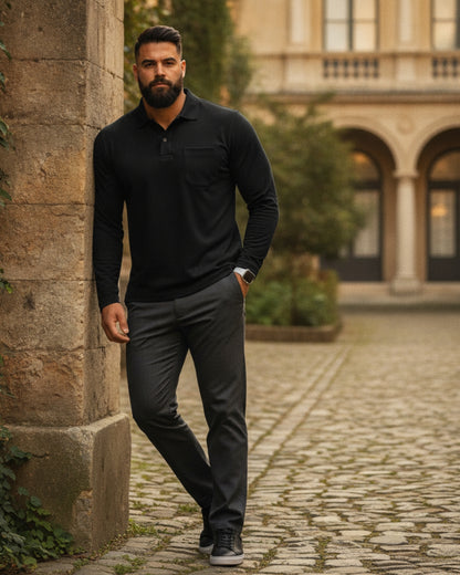 Men's Solid Black Matty Full sleeve Polo Regular T-Shirt
