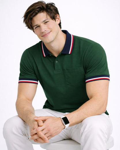 SMAN Men Solid Polo Neck Cotton Blend Green, Navy Blue T-Shirt