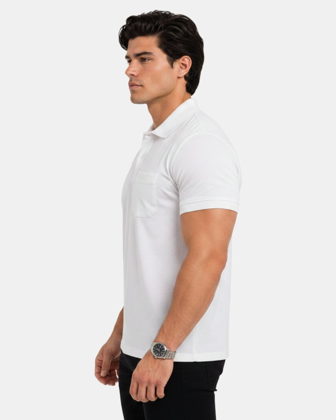 Sman men's premium white half-sleeve polo t shirt shown from a profile side view. The image highlights the clean shoulder fit and single chest pocket, modeled with black denim jeans against a minimalist light gray studio background.