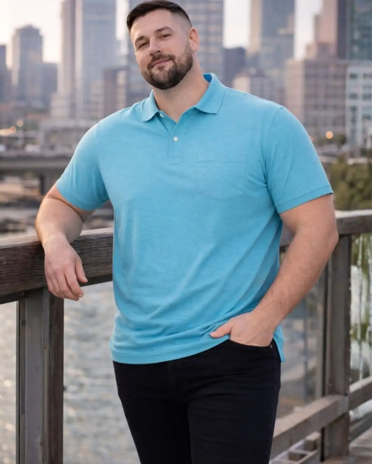 Men Plus size Polo Collar Pockets Aqua Blue T-shirt