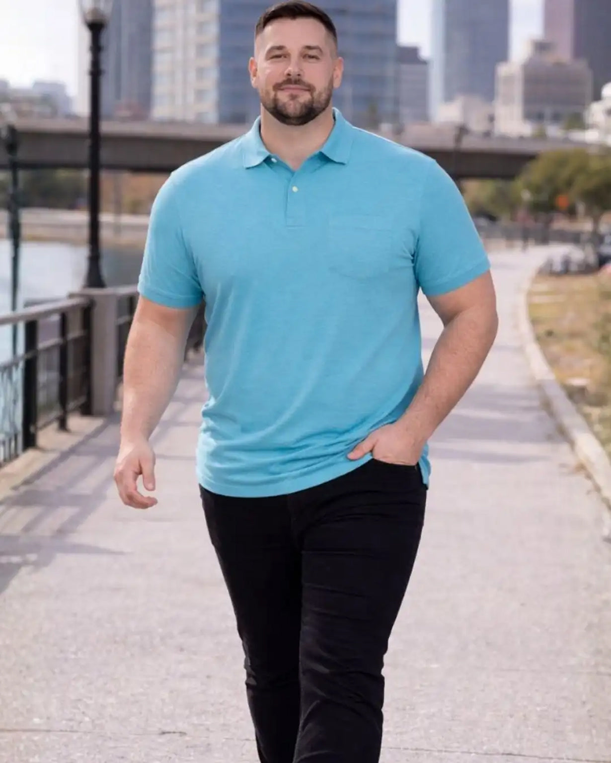 Men Plus size Polo Collar Pockets Aqua Blue T-shirt
